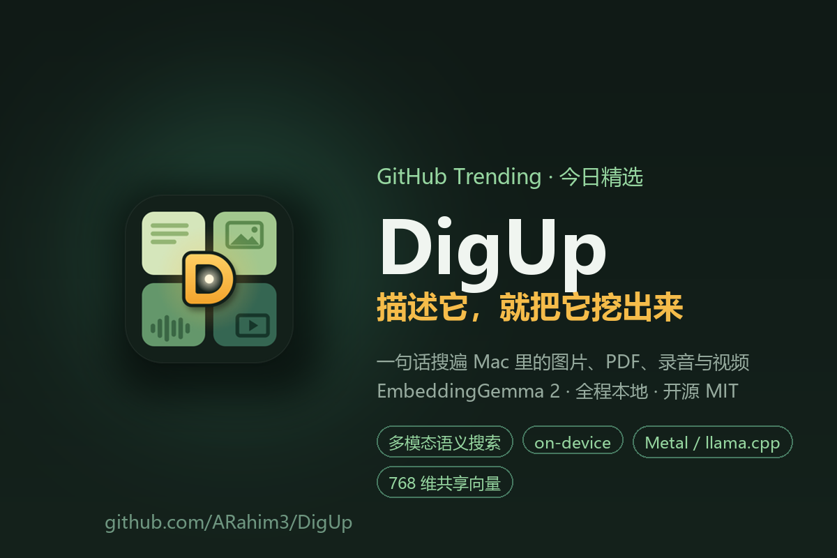 DigUp:用一句话搜遍 Mac 里的图片、PDF、录音与视频——Google DeepMind 多模态模型跑在你自己的电脑上-无双技术网