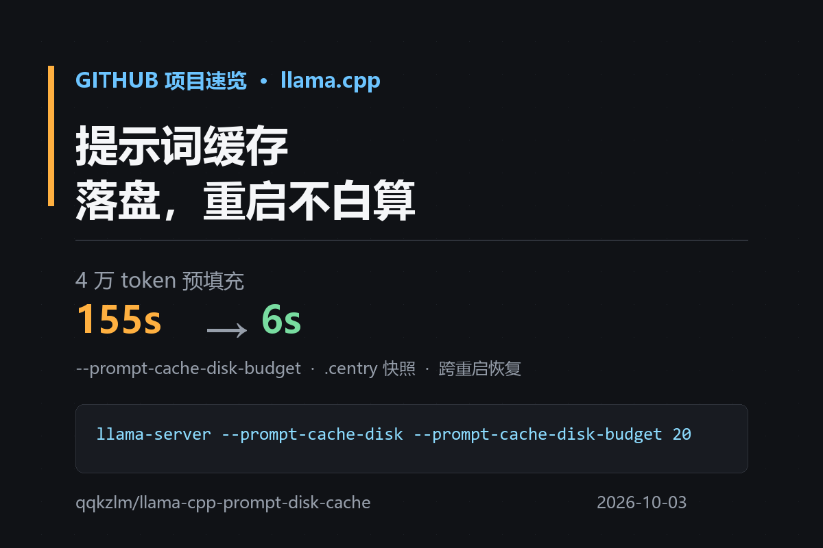 llama-cpp-prompt-disk-cache：让 llama.cpp 把 KV 缓存落盘，重启后 4 万 token 提示词从 155 秒变 6 秒-无双技术网