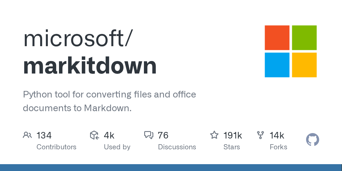 GitHub 热门项目推荐:markitdown(Python|190643 Star)-无双技术网